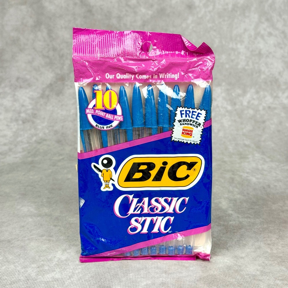 Vintage 1991 BIC Classic Stic Blue Ink Pens 10 Pack Burger King Promo Sealed USA